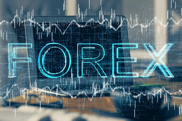 Doble exposición del gráfico de divisas y el espacio de trabajo con el ordenador. Concepto de comercio internacional en línea. —  Fotos de Stock