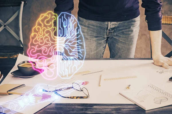 Haman beyin çift pozlama simgesi erkek eli arka planı.