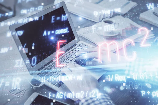 Science formula hologram with man working on computer on background. Education concept. Double exposure. — Stock Photo, Image