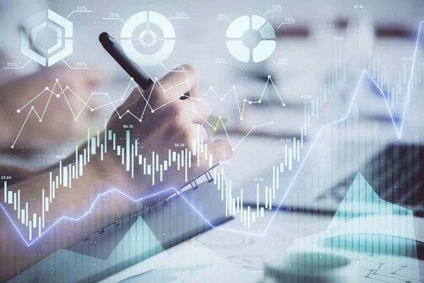 Doble exposición del dibujo gráfico de divisas sobre las personas que toman notas de fondo. Concepto de análisis financiero — Foto de Stock