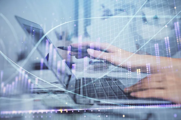 Multi exposure of woman hands typing on computer and financial graph hologram drawing. Stock market analysis concept. — Stock Photo, Image