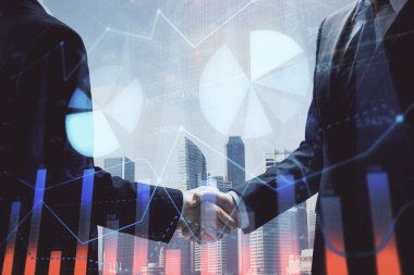 Forx grafik hologramı ve iki adamın el sıkışması. Borsa konsepti.