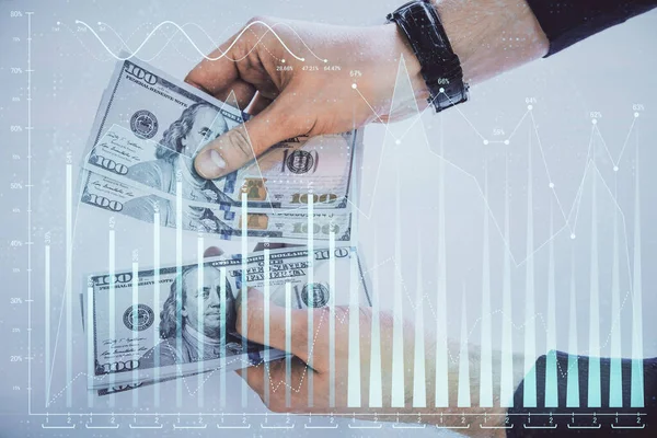 Multi blootstelling van de financiële grafiek tekenen hologram en Amerikaanse dollars rekeningen en man handen. Analyse concept. — Stockfoto