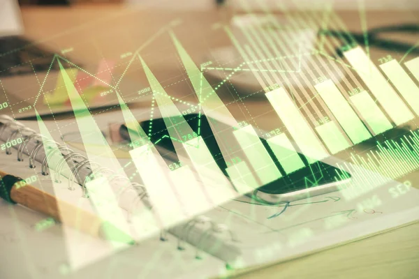 Doppelbelichtung von Forex-Diagramm-Zeichnung und Handy-Hintergrund. Konzept der Finanzdatenanalyse — Stockfoto