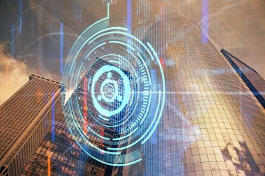 Veri temalı hologram gökdelenler arka planda çoklu pozlama ile şehir görünümüne çizim yapıyor. Büyük veri kavramı.