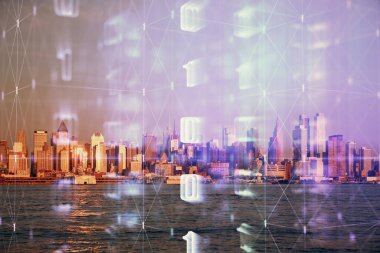 Veri temalı hologram gökdelenler arka planda çoklu pozlama ile şehir görünümüne çizim yapıyor. Büyük veri kavramı.