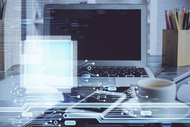 Arka planda kişisel bilgisayarı ve teknik tema çizimi olan iki kat masaüstü görüntüsü. Veri analizi kavramı.