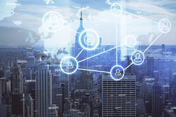 Dubbele belichting van sociale netwerk thema tekening en stadsgezicht achtergrond. Concept van mensen connecton. — Stockfoto