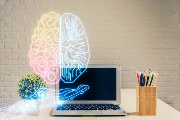Dubbele blootstelling van desktop met computer en hersenen tekenen hologram. Concept van kunstmatige intelligentie. — Stockfoto