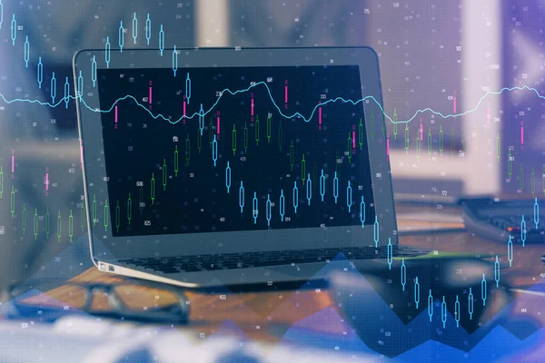 Finanzgrafik bunte Zeichnung und Tabelle mit Computer auf dem Hintergrund. Mehrfachbelichtung. Konzept der internationalen Märkte. — Stockfoto