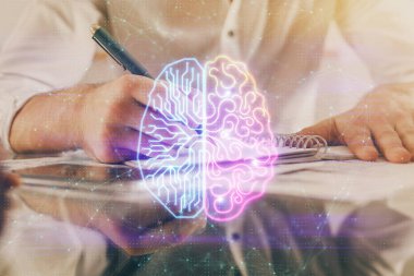 Çoklu pozlama yapay zeka beyin simgelerine sahip bir adam.