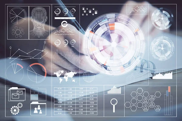 Doble exposición de la escritura manos en el fondo con holograma de solución de datos en el frente. Concepto tecnológico. De cerca. —  Fotos de Stock