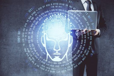 Beyin temalı hologramı olan bilgisayar geçmişi olan bir iş adamı. Beyin fırtınası kavramı. Çoklu pozlama.