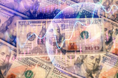 Forx grafiğinin çok sayıda görüntüsü bize dolar banknotları arka planında görünüyor. Finansal başarı piyasası kavramı.