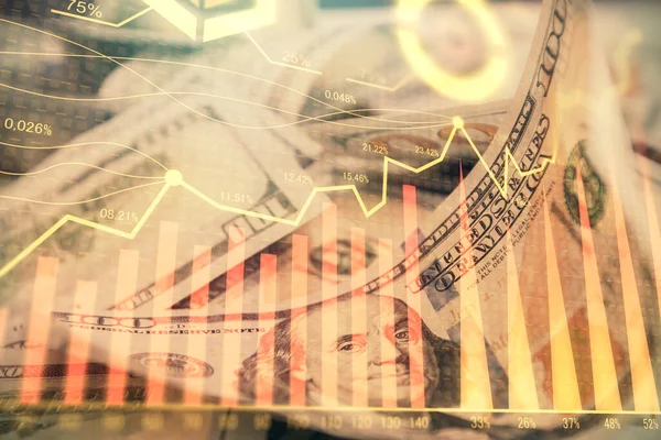 Önx grafiğinin arka plandaki dolarları iki katına çıkarması. Finans piyasası kavramı.