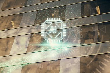 Veri temalı hologram gökdelenler arka planda çoklu pozlama ile şehir görünümüne çizim yapıyor. Büyük veri kavramı.