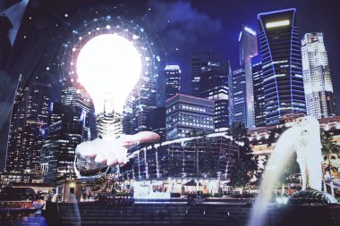 Ampul hologram çizimine ve şehir manzarasına çoklu maruz kalma. Fikir kavramı.