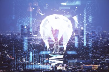 Ampul hologram çizimine ve şehir manzarasına çoklu maruz kalma. Fikir kavramı.