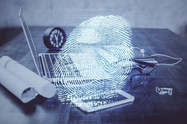 Ofisteki bilgisayarın parmak izi çizimi. Çifte maruziyet. İş veri güvenliği kavramı.