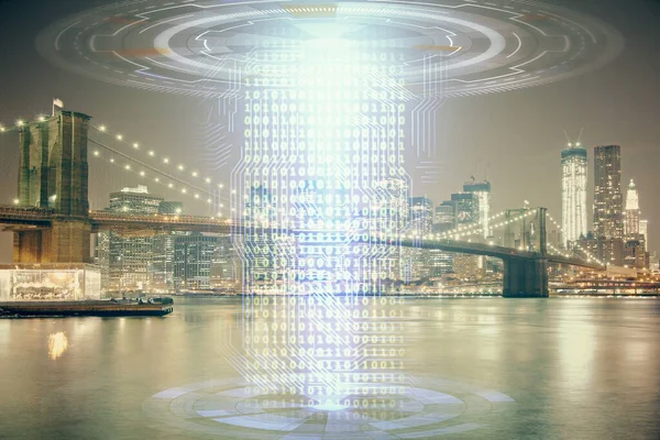 Veri temalı hologram gökdelenler arka planda çoklu pozlama ile şehir görünümüne çizim yapıyor. Ai kavramı. — Stok fotoğraf