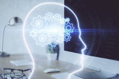 Bilgisayar ve insan beyninin hologram çizdiği çalışma alanının iki katına çıkarılması. Beyin fırtınası konsepti.