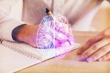 Çoklu pozlama yapay zeka beyin simgelerine sahip bir adam.