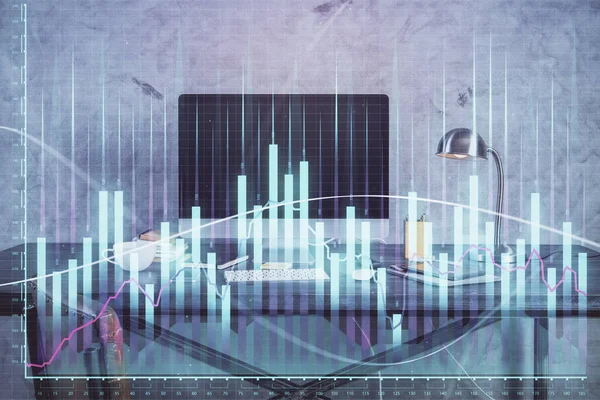 Double exposure of chart and financial info and work space with computer background. Concept of international online trading. — Stock Photo, Image