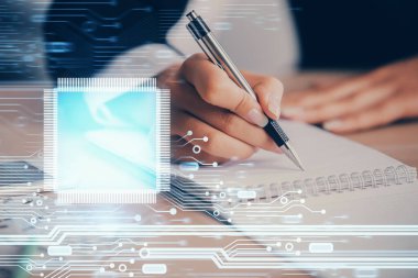 Veri teknolojisi hologramıyla arka planda el yazısının iki katına çıkarılması. Büyük veri kavramı.