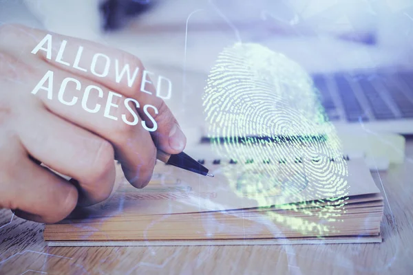 Begreppet framtiden för säkerhet och lösenordskontroll genom avancerad teknik. Fingeravtrycksläsning ger säker åtkomst med biometrisk identifiering. Multiexponering. — Stockfoto