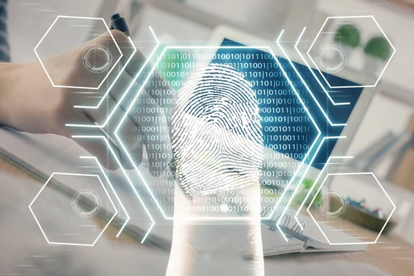 Blue fingerprint hologram over hands taking notes background. Concept of security. Double exposure — Stock Photo, Image