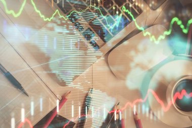 Bilgisayarla arka plan üzerine iki kat mali şema çizimi. Araştırma ve analiz kavramı. Üst görünüm.