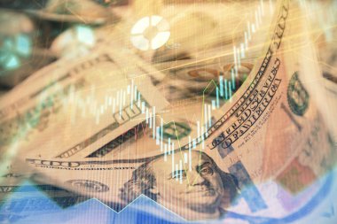 Önx grafiğinin arka plandaki dolarları iki katına çıkarması. Finans piyasası kavramı.