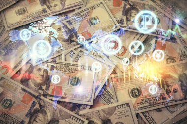 Forx grafiğinin çok sayıda görüntüsü bize dolar banknotları arka planında görünüyor. Finansal başarı piyasası kavramı.