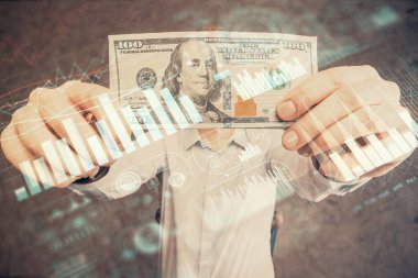 Forx grafiği, hologram, Amerikan dolarları ve insan eli çizimleri. Teknik Analiz kavramı.
