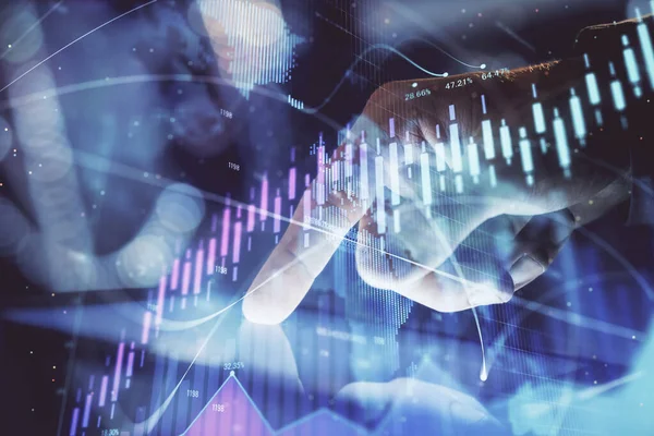 Multi exposure of mans hands holding and using a phone and financial chart drawing. Market analysis concept. — Stock Photo, Image