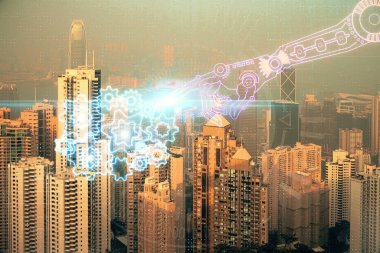 Veri temalı hologram gökdelenlerin arka planında çift pozlama ile şehir görünümüne çizim yapıyor. Teknoloji konsepti.