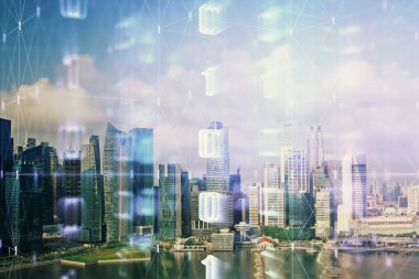 Veri temalı hologram gökdelenler arka planda çoklu pozlama ile şehir görünümüne çizim yapıyor. Büyük veri kavramı.