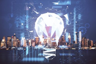 Ampul hologram çizimine ve şehir manzarasına çoklu maruz kalma. Fikir kavramı.