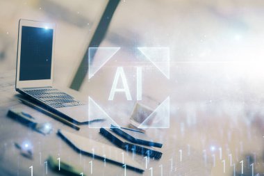 Arkaplanda bilgisayar ve veri teması çizimi olan tablonun çifte pozlandırılması. Yenilik kavramı.