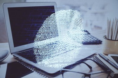 Ofisteki bilgisayarın parmak izi çizimi. Çifte maruziyet. İş veri güvenliği kavramı.