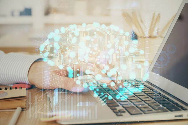 Man Typing Keyboard Background Brain Hologram Concept Big Data Double — Stock Photo, Image