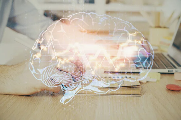 Hombre Escribiendo Fondo Del Teclado Con Holograma Cerebral Concepto Big —  Fotos de Stock