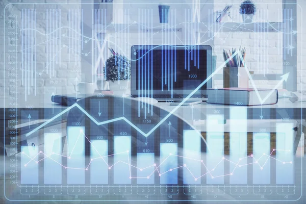 Dubbele Belichting Van Financiële Grafiek Tekening Kantoor Interieur Achtergrond Het — Stockfoto