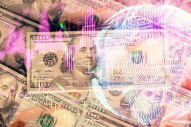 Forx grafiğinin çok sayıda görüntüsü bize dolar banknotları arka planında görünüyor. Finansal başarı piyasası kavramı.