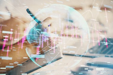 Ön x çizelgesinin arka plan notları alan insanların üzerini çizerken çift pozlama. Mali analiz kavramı