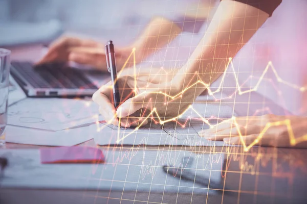 Multi Exposure Woman Hands Typing Computer Financial Chart Hologram Drawing — Stock Photo, Image