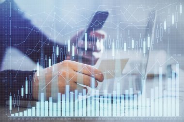 Bir adamın elini tutarken ve bir telefon ve mali grafik çizimi kullanırken çift pozlama. Analiz kavramı.