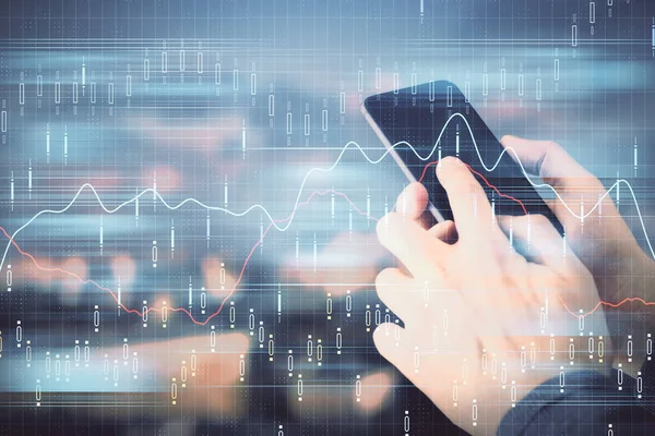 Bir adamın elini tutarken ve dijital bir cihaz ve ön grafik çizimi kullanırken çift pozlama. Finansal piyasa kavramı.