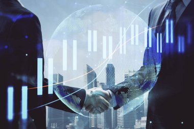 Forx grafik hologramı ve iki adamın el sıkışması. Borsa konsepti.