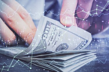Forx grafiği, hologram, Amerikan dolarları ve insan eli çizimleri. Teknik Analiz kavramı.